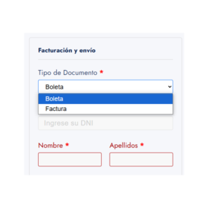 Este plugin permite a los clientes de una tienda WooCommerce seleccionar entre BOLETA o FACTURA en el proceso de compra. Además, valida y autocompleta los datos en tiempo real usando APIs de RENIEC y SUNAT.